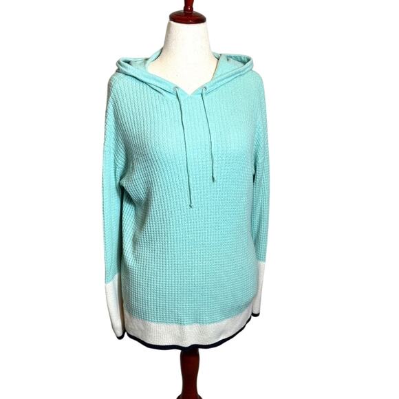 T by Talbots hoodie mint green white navy waffle weave tunic top lambswool Sz L - Picture 1 of 8